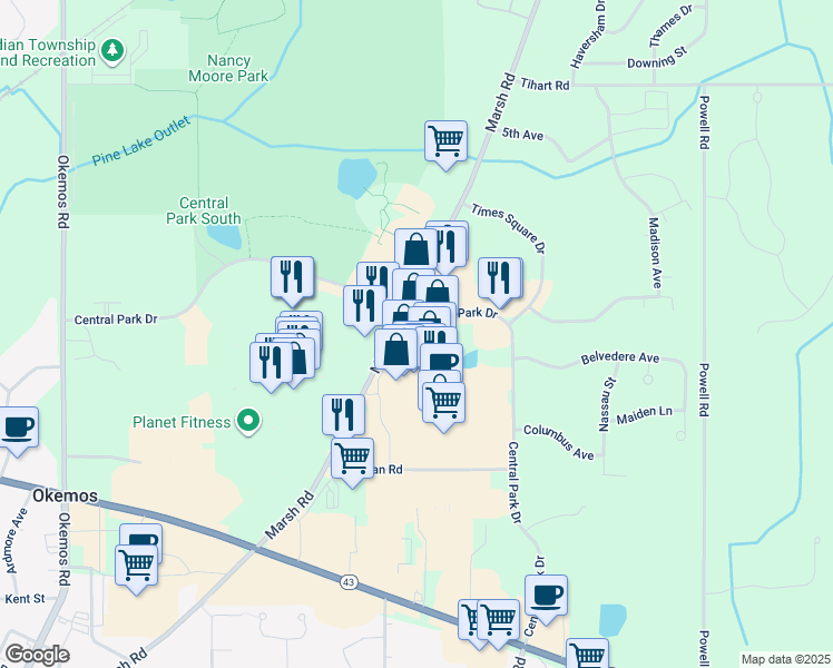 map of restaurants, bars, coffee shops, grocery stores, and more near 5050 Marsh Road in Meridian charter Township