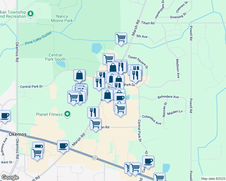 map of restaurants, bars, coffee shops, grocery stores, and more near 5050 Marsh Road in Meridian charter Township