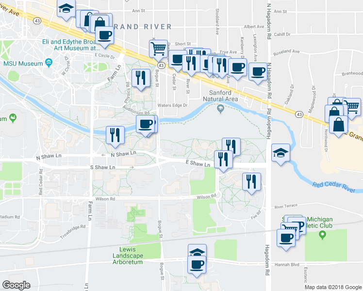 map of restaurants, bars, coffee shops, grocery stores, and more near Michigan State University in East Lansing