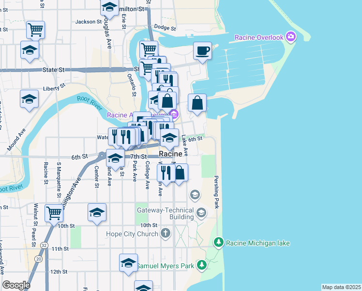 map of restaurants, bars, coffee shops, grocery stores, and more near 110 7th Street in Racine