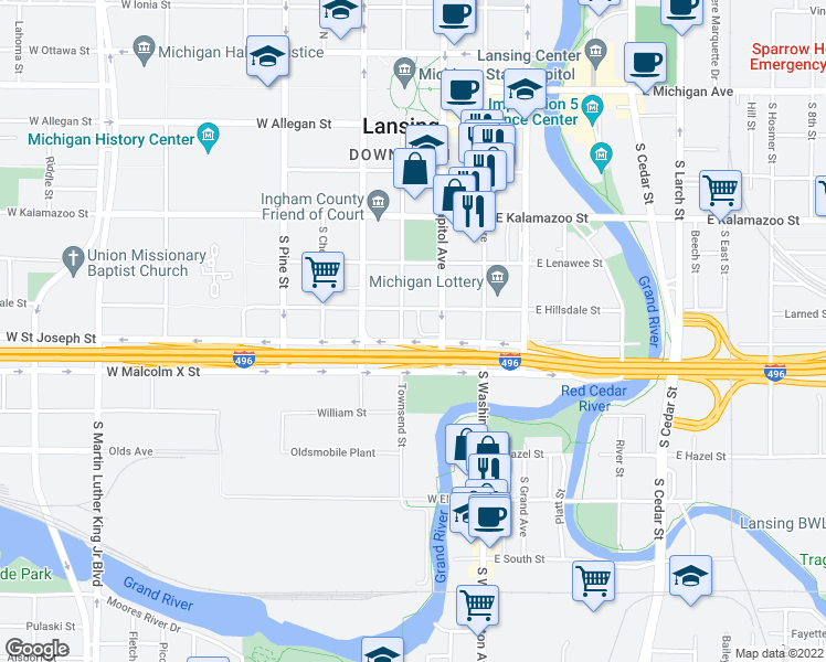map of restaurants, bars, coffee shops, grocery stores, and more near in Lansing