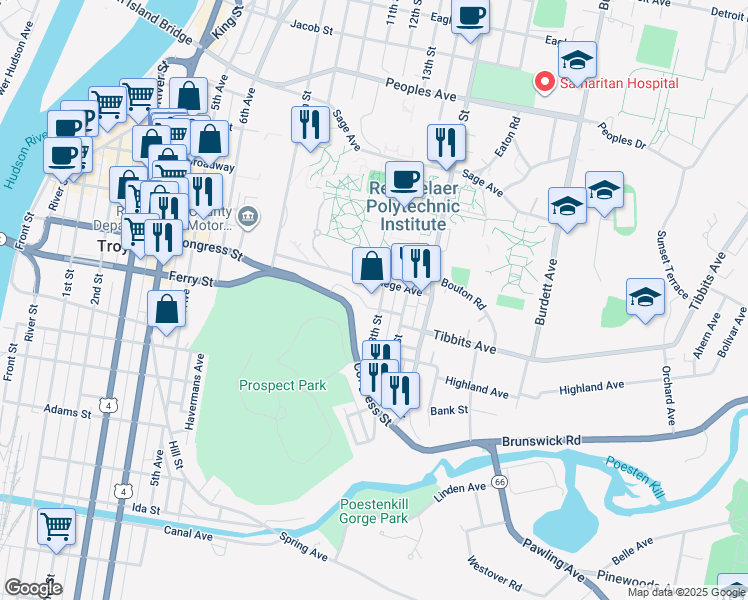 map of restaurants, bars, coffee shops, grocery stores, and more near 75 14th Street in Troy