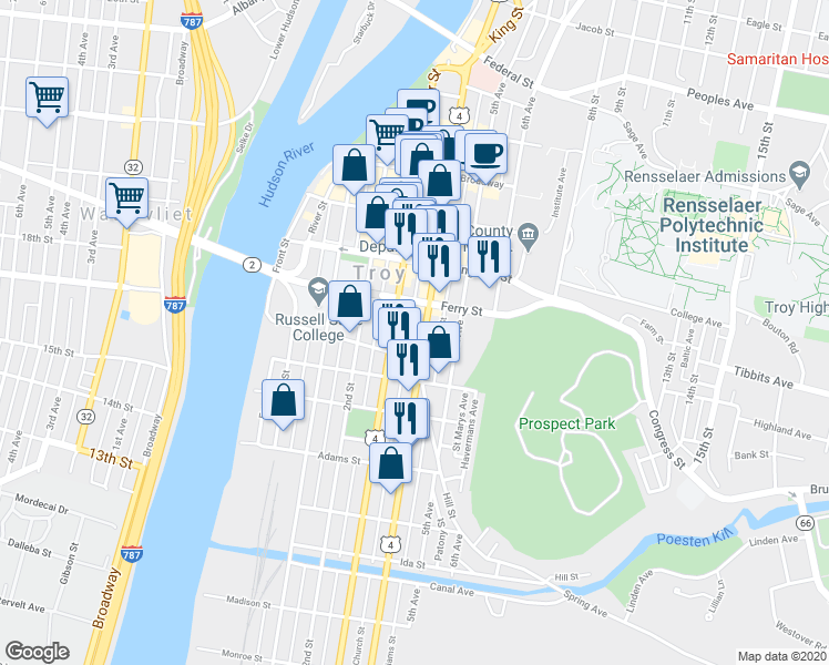 map of restaurants, bars, coffee shops, grocery stores, and more near 80 Division Street in Troy