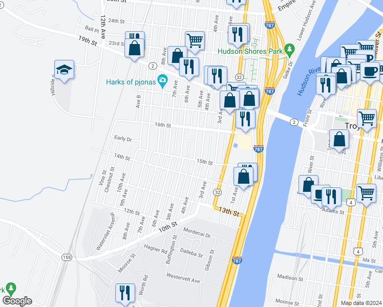 map of restaurants, bars, coffee shops, grocery stores, and more near 1417 4th Avenue in Watervliet
