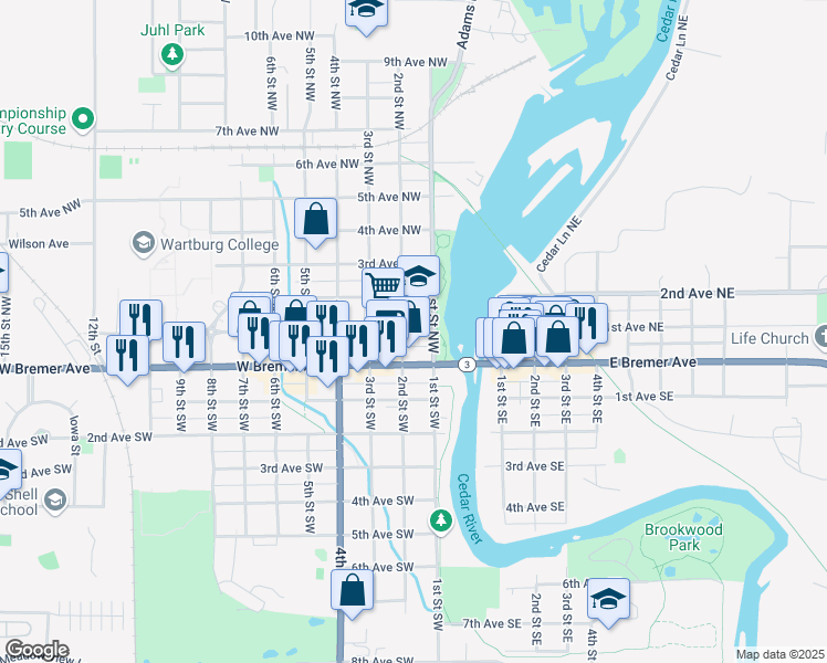 map of restaurants, bars, coffee shops, grocery stores, and more near 200 West Bremer Avenue in Waverly
