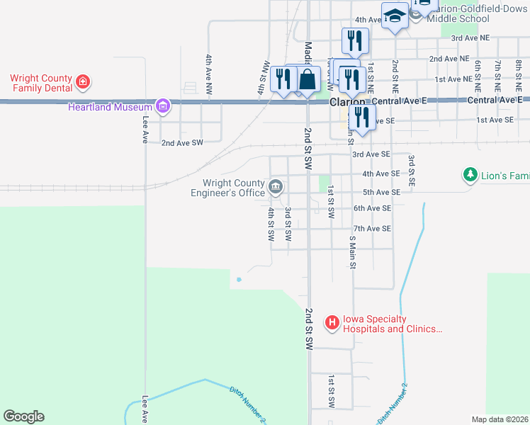 map of restaurants, bars, coffee shops, grocery stores, and more near 700 4th Street Southwest in Clarion