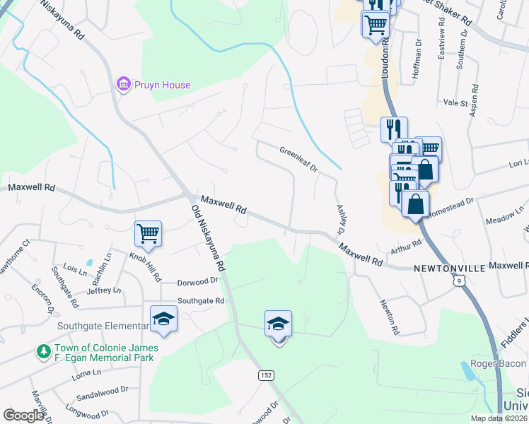 map of restaurants, bars, coffee shops, grocery stores, and more near 116 Maxwell Road in Latham