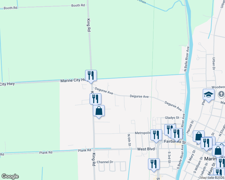 map of restaurants, bars, coffee shops, grocery stores, and more near 1000 Degurse Avenue in Marine City