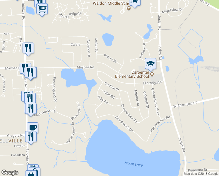 map of restaurants, bars, coffee shops, grocery stores, and more near 3610 Grafton Street in Orion Township