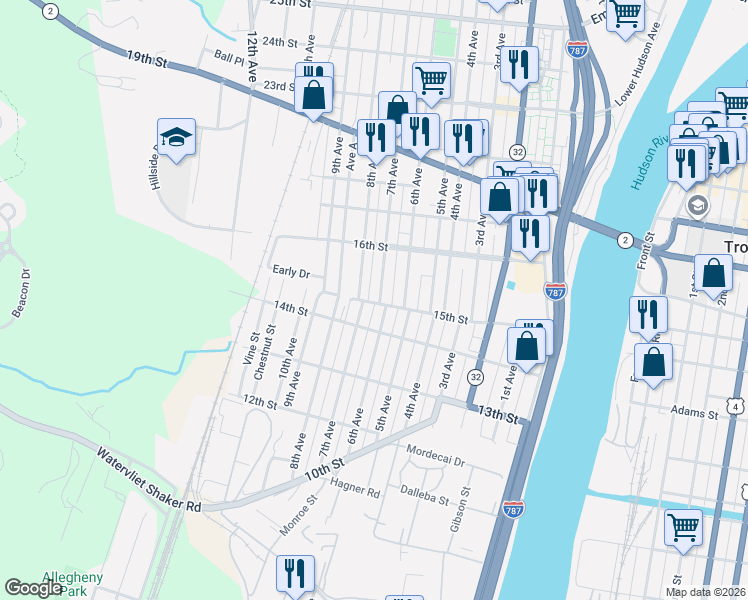 map of restaurants, bars, coffee shops, grocery stores, and more near 1408 6th Avenue in Watervliet