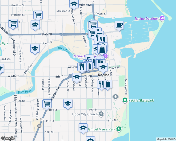 map of restaurants, bars, coffee shops, grocery stores, and more near 730 Wisconsin Avenue in Racine
