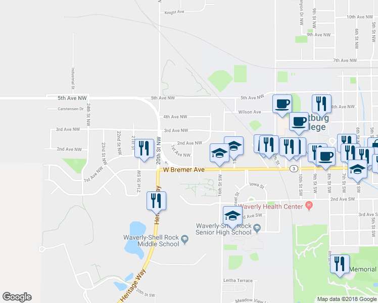 map of restaurants, bars, coffee shops, grocery stores, and more near 205 18th Street Northwest in Waverly
