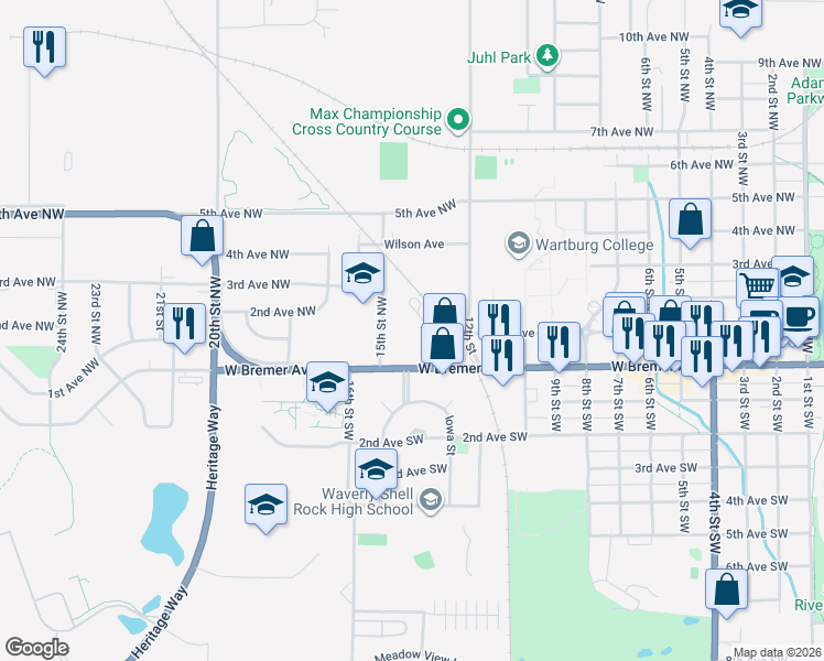 map of restaurants, bars, coffee shops, grocery stores, and more near 1200 1st Avenue Northwest in Waverly