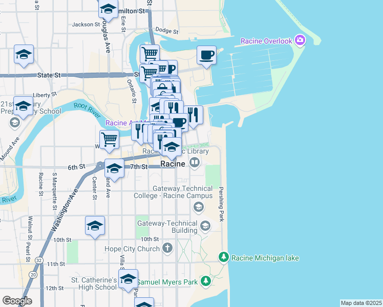 map of restaurants, bars, coffee shops, grocery stores, and more near 601 Lake Avenue in Racine