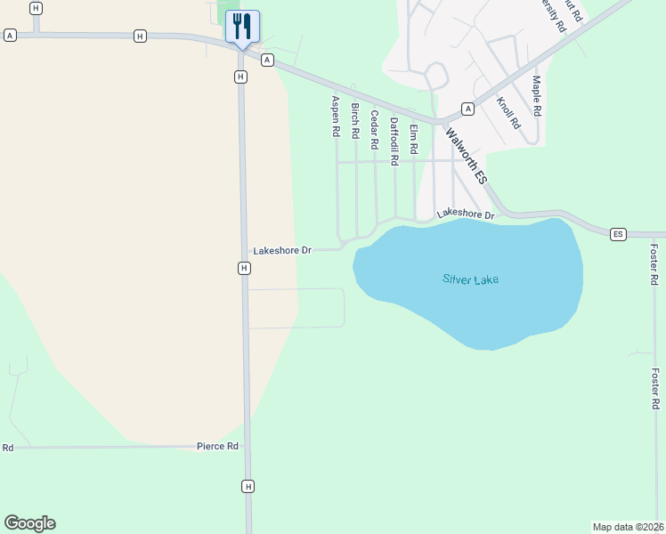 map of restaurants, bars, coffee shops, grocery stores, and more near W5604 Lakeshore Drive in Elkhorn