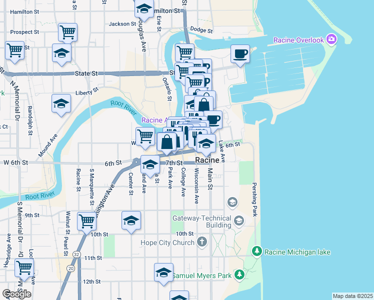 map of restaurants, bars, coffee shops, grocery stores, and more near 314 6th Street in Racine
