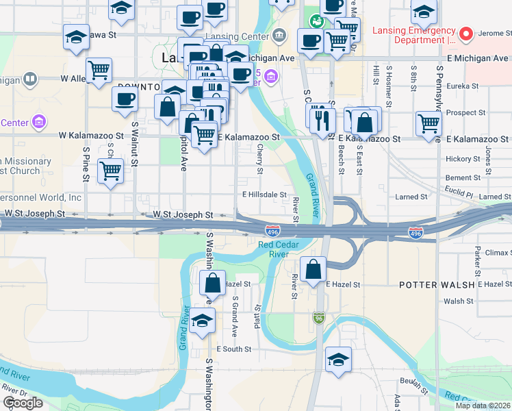 map of restaurants, bars, coffee shops, grocery stores, and more near 533 Cherry Street in Lansing