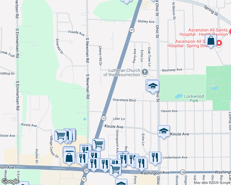 map of restaurants, bars, coffee shops, grocery stores, and more near 437 South Green Bay Road in Mount Pleasant