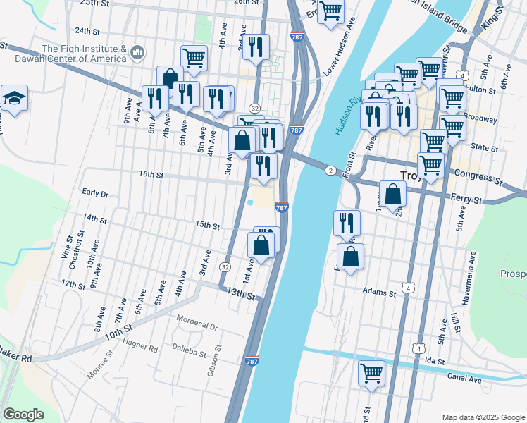 map of restaurants, bars, coffee shops, grocery stores, and more near 100 16th Street in Watervliet