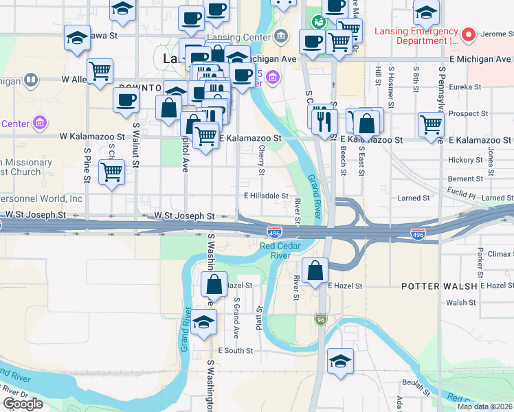 map of restaurants, bars, coffee shops, grocery stores, and more near 533 Cherry Street in Lansing