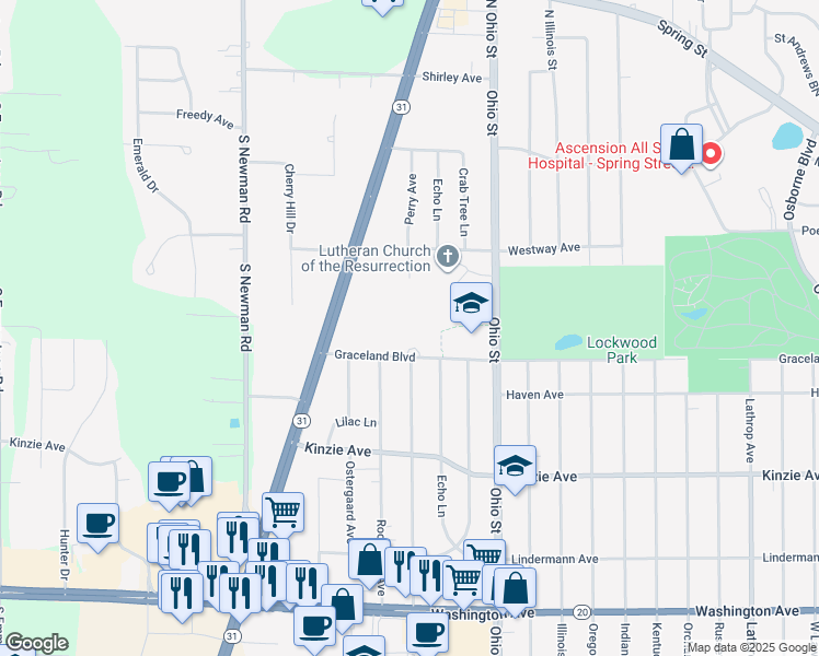 map of restaurants, bars, coffee shops, grocery stores, and more near 5000 Graceland Boulevard in Mount Pleasant