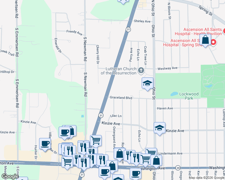 map of restaurants, bars, coffee shops, grocery stores, and more near 437 South Green Bay Road in Mount Pleasant