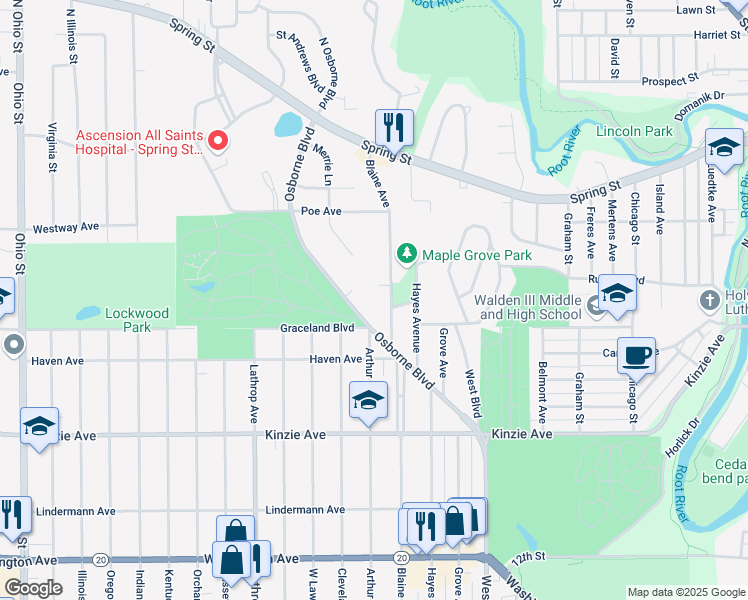 map of restaurants, bars, coffee shops, grocery stores, and more near in Racine