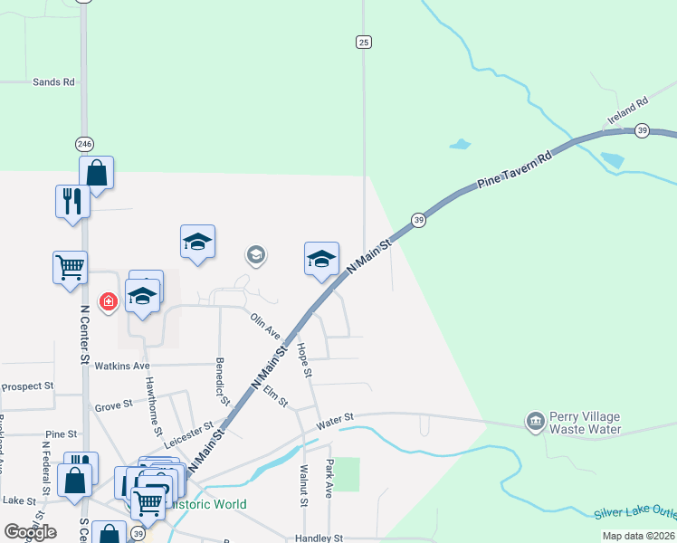 map of restaurants, bars, coffee shops, grocery stores, and more near 191 North Main Street in Perry