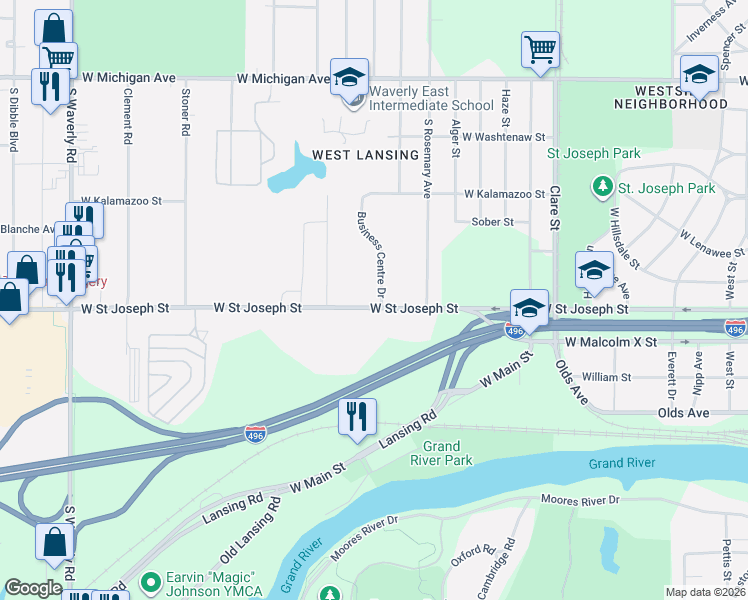 map of restaurants, bars, coffee shops, grocery stores, and more near 600 Business centre Drive in Lansing