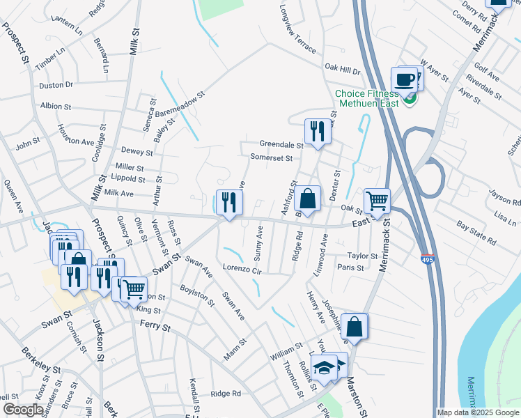 map of restaurants, bars, coffee shops, grocery stores, and more near 176 East Street in Methuen