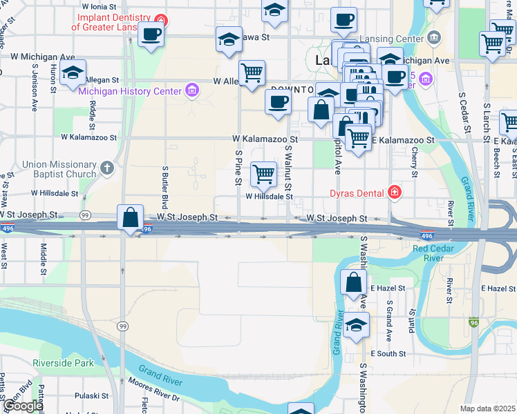 map of restaurants, bars, coffee shops, grocery stores, and more near 516 West Hillsdale Street in Lansing