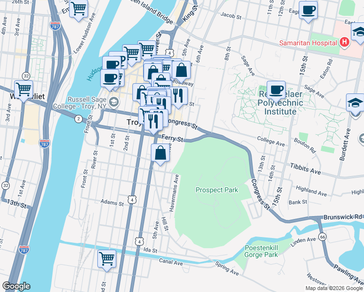 map of restaurants, bars, coffee shops, grocery stores, and more near 1521 6th Avenue in Troy