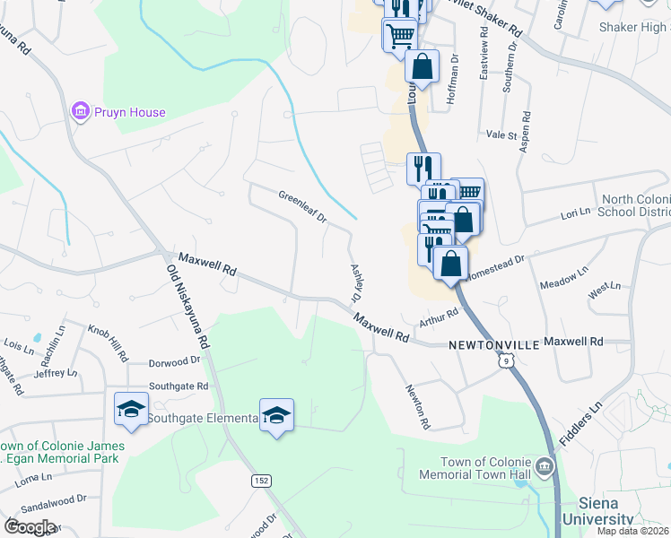 map of restaurants, bars, coffee shops, grocery stores, and more near 16 Ashley Drive in Latham