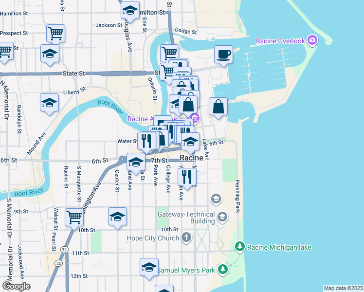 map of restaurants, bars, coffee shops, grocery stores, and more near 218 6th Street in Racine