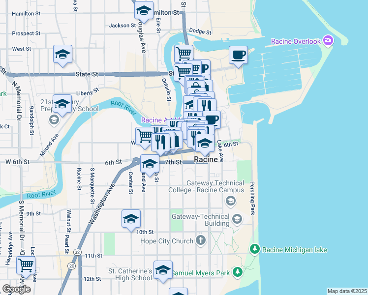 map of restaurants, bars, coffee shops, grocery stores, and more near 314 6th Street in Racine