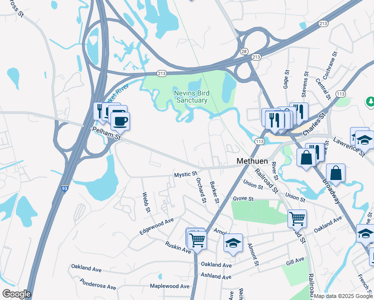 map of restaurants, bars, coffee shops, grocery stores, and more near 7 Bentley Circle in Methuen