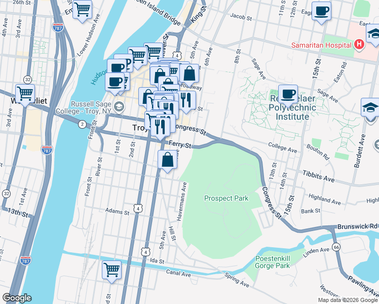 map of restaurants, bars, coffee shops, grocery stores, and more near 1521 6th Avenue in Troy