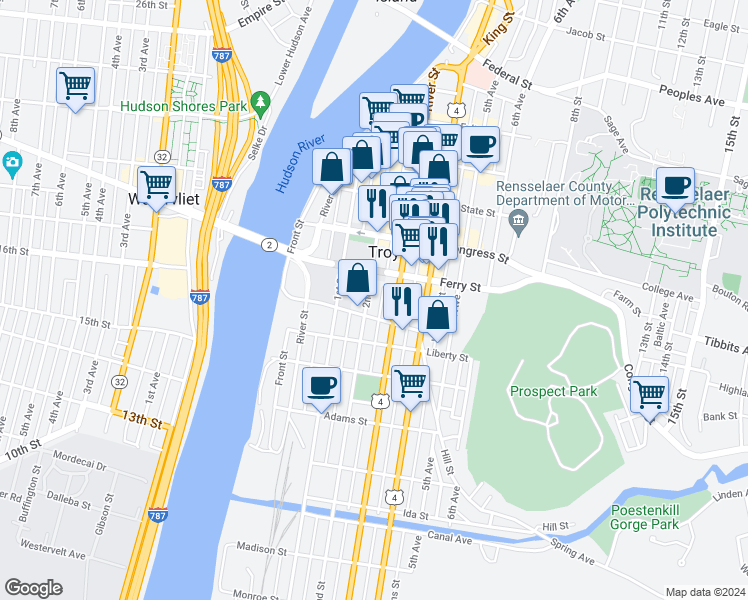 map of restaurants, bars, coffee shops, grocery stores, and more near 108 2nd Street in Troy