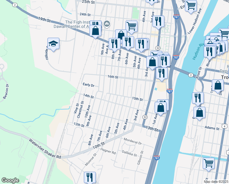 map of restaurants, bars, coffee shops, grocery stores, and more near 1530 7th Avenue in Watervliet