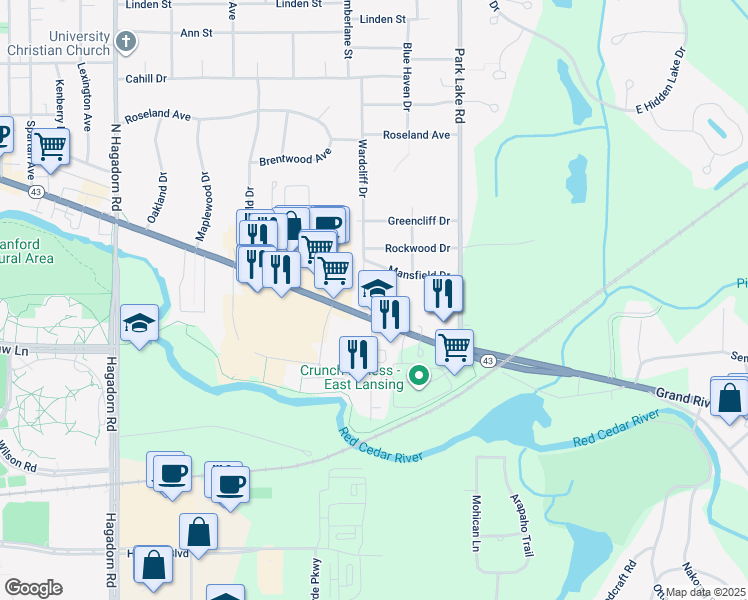 map of restaurants, bars, coffee shops, grocery stores, and more near 5042 Wardcliff Drive in East Lansing