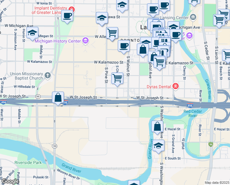 map of restaurants, bars, coffee shops, grocery stores, and more near 516 West Hillsdale Street in Lansing