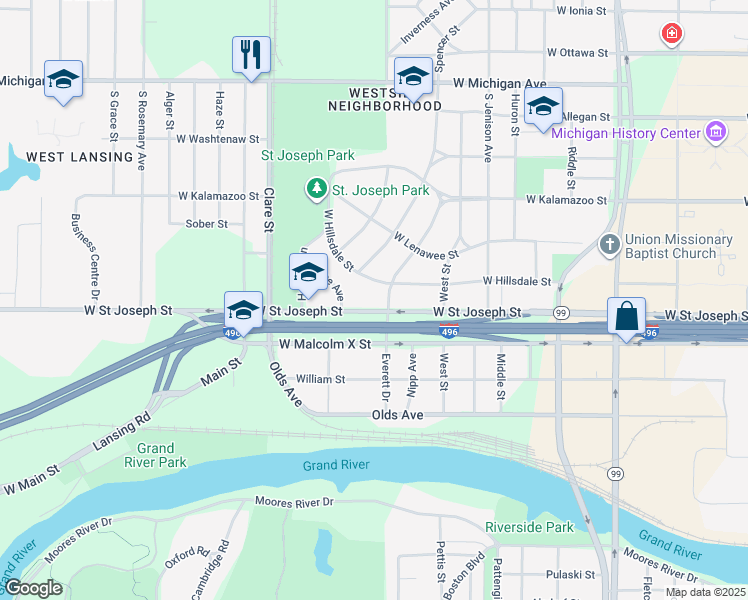 map of restaurants, bars, coffee shops, grocery stores, and more near 1901 West Hillsdale Street in Lansing