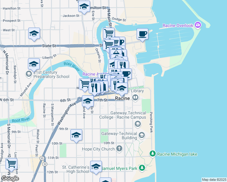 map of restaurants, bars, coffee shops, grocery stores, and more near 500 Wisconsin Avenue in Racine