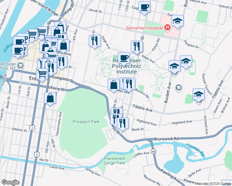 map of restaurants, bars, coffee shops, grocery stores, and more near 97 College Avenue in Troy