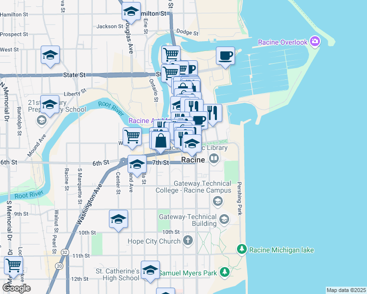map of restaurants, bars, coffee shops, grocery stores, and more near 218 6th Street in Racine