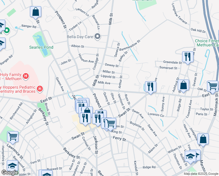 map of restaurants, bars, coffee shops, grocery stores, and more near 37 Milk Avenue in Methuen