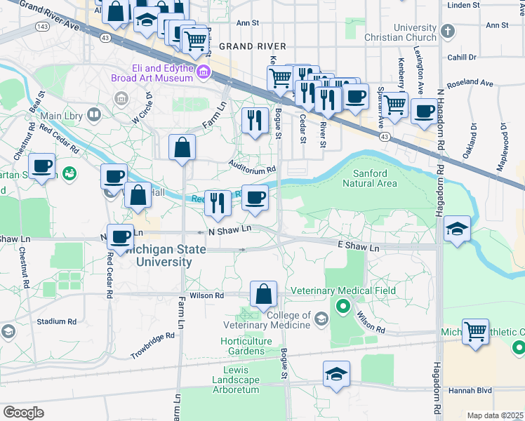map of restaurants, bars, coffee shops, grocery stores, and more near 632 Bogue Street in East Lansing
