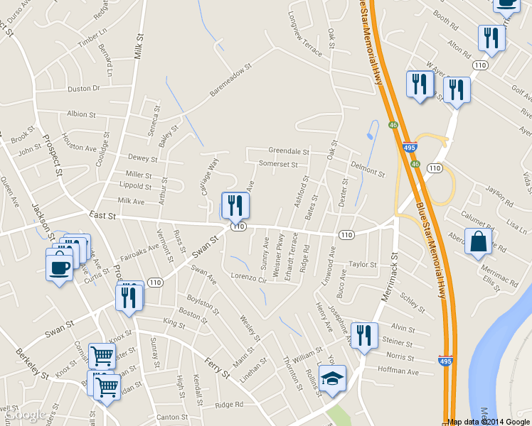 map of restaurants, bars, coffee shops, grocery stores, and more near 4 Scherig Circle in Methuen