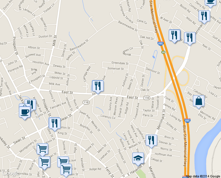 map of restaurants, bars, coffee shops, grocery stores, and more near 4 Scherig Circle in Methuen
