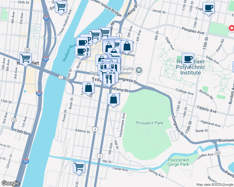 map of restaurants, bars, coffee shops, grocery stores, and more near in Troy